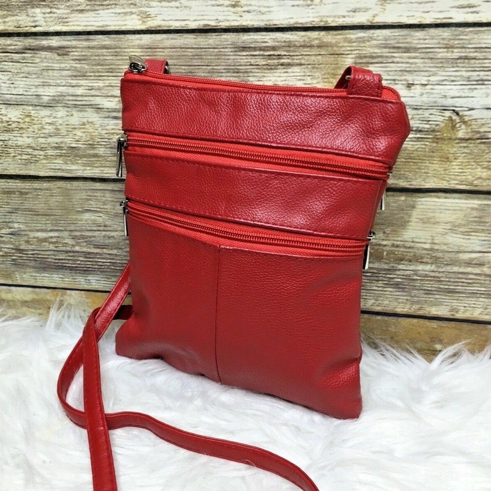 Red Pebbled Leather Patchwork Style Crossbody - image 2